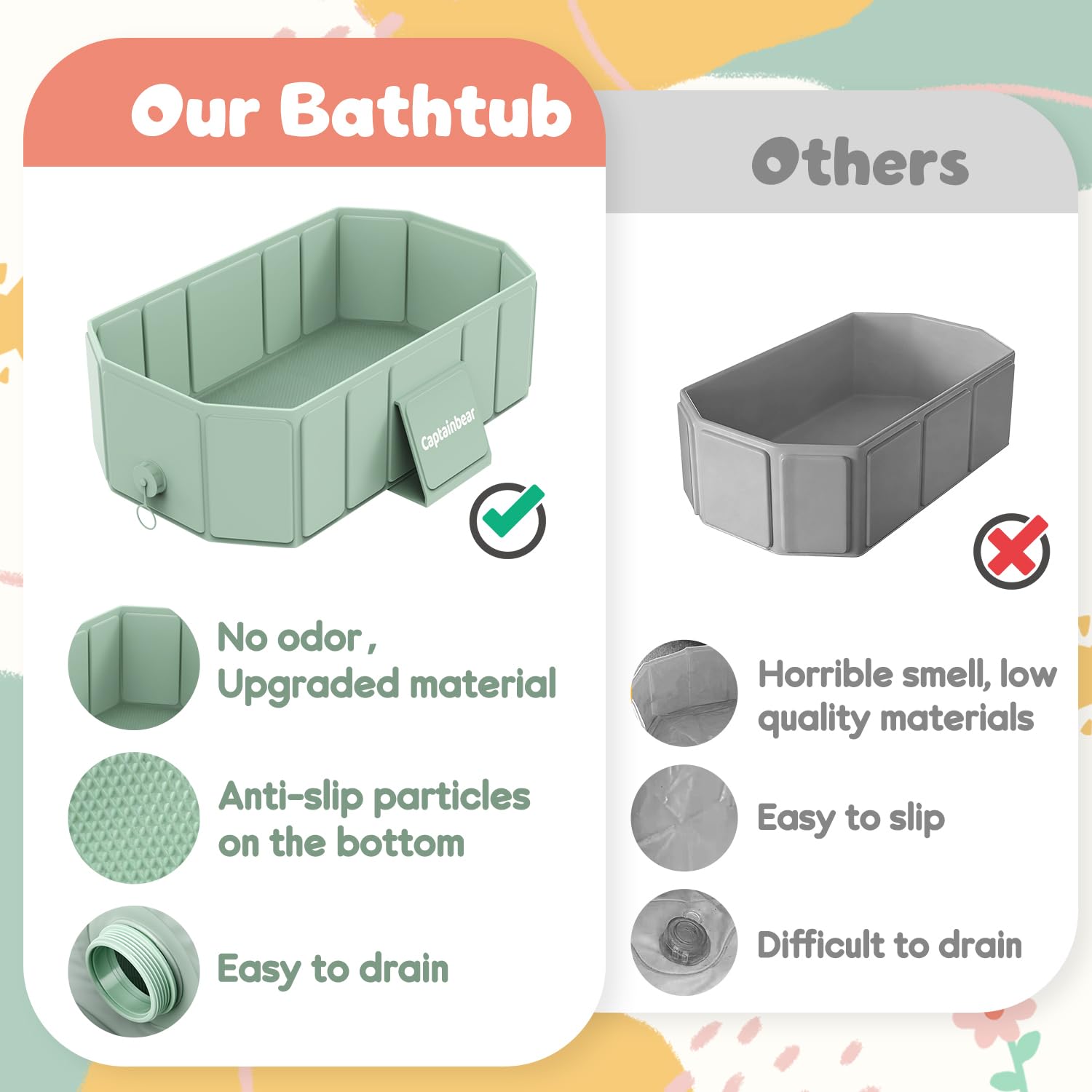 Captainbear baby bathtub eco-friendly materials ensure durable, worry-free use.