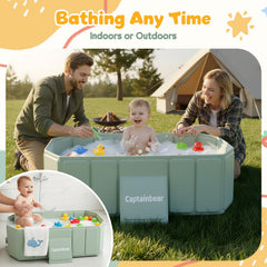 Captainbear baby bathtub in a sink setup for convenient on-the-go sink baths.