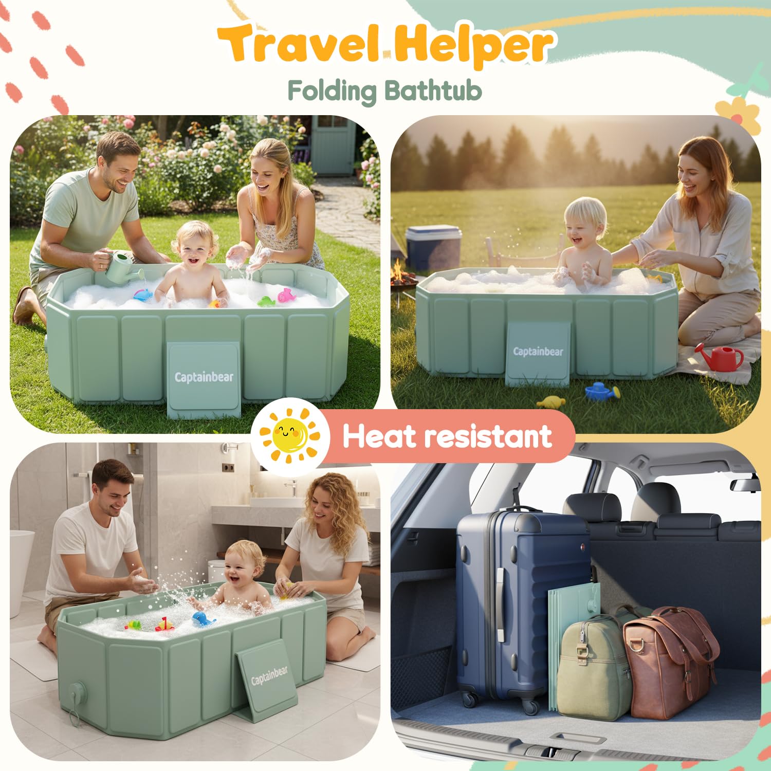 Captainbear baby bathtub travel-ready design makes camping and hotel stays easier.