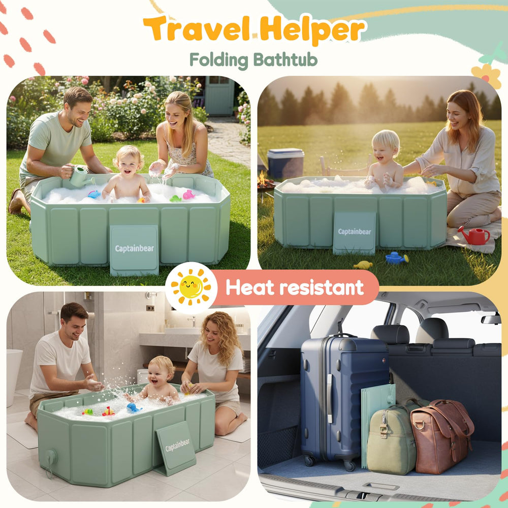 Captainbear baby bathtub travel-ready design makes camping and hotel stays easier.