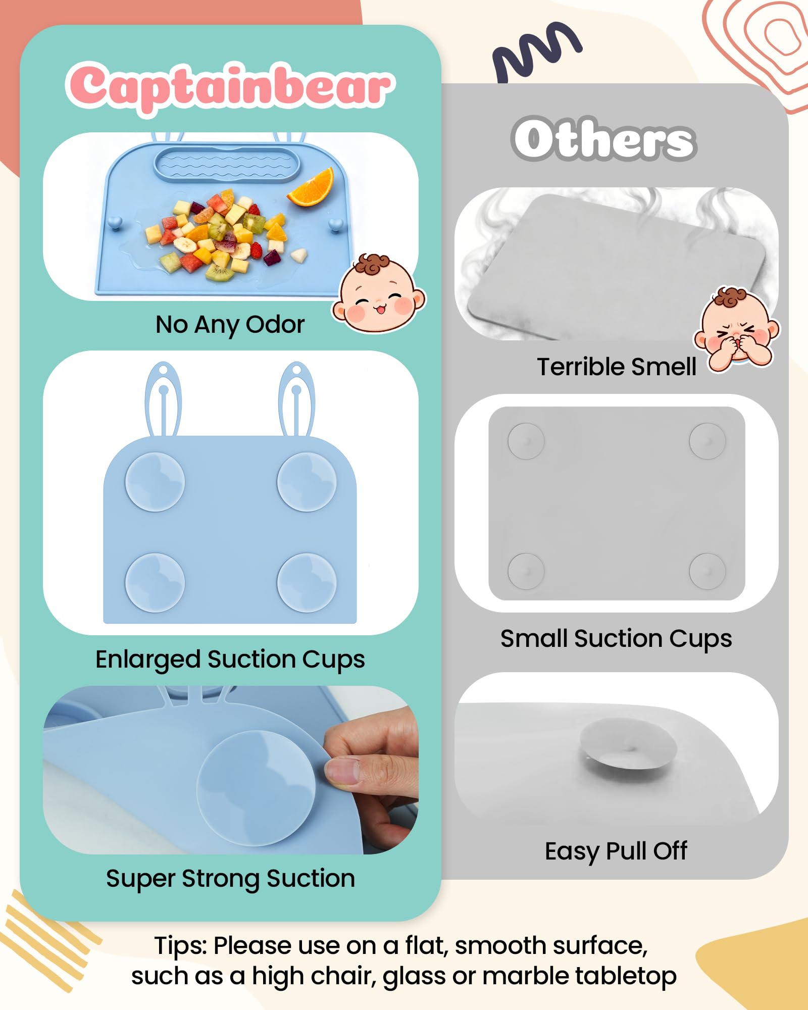 Captainbear placemats with pacifier holders keeping toys within reach