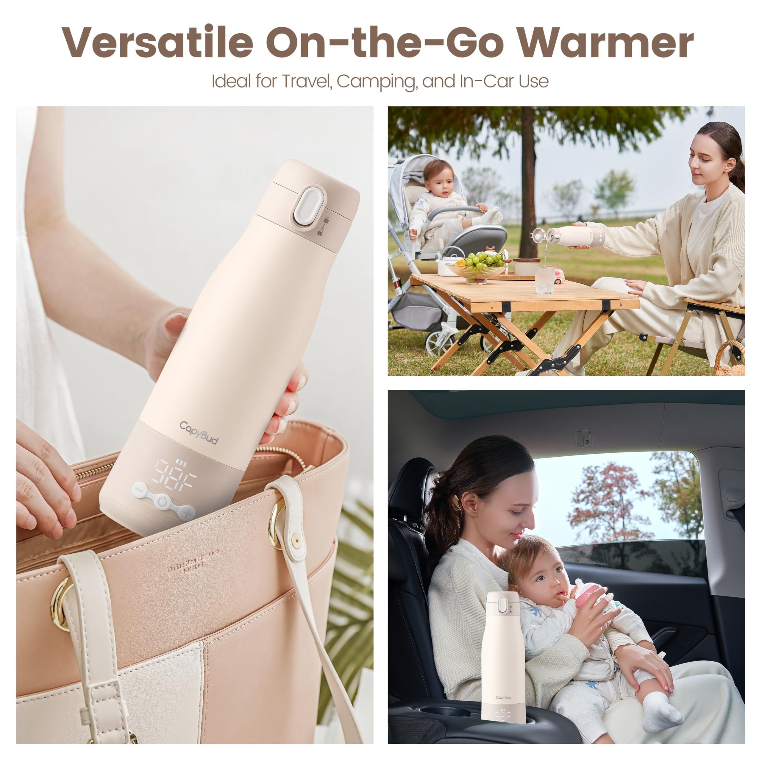 CapyBud keep-warm feature maintains milk temperature for long outings.