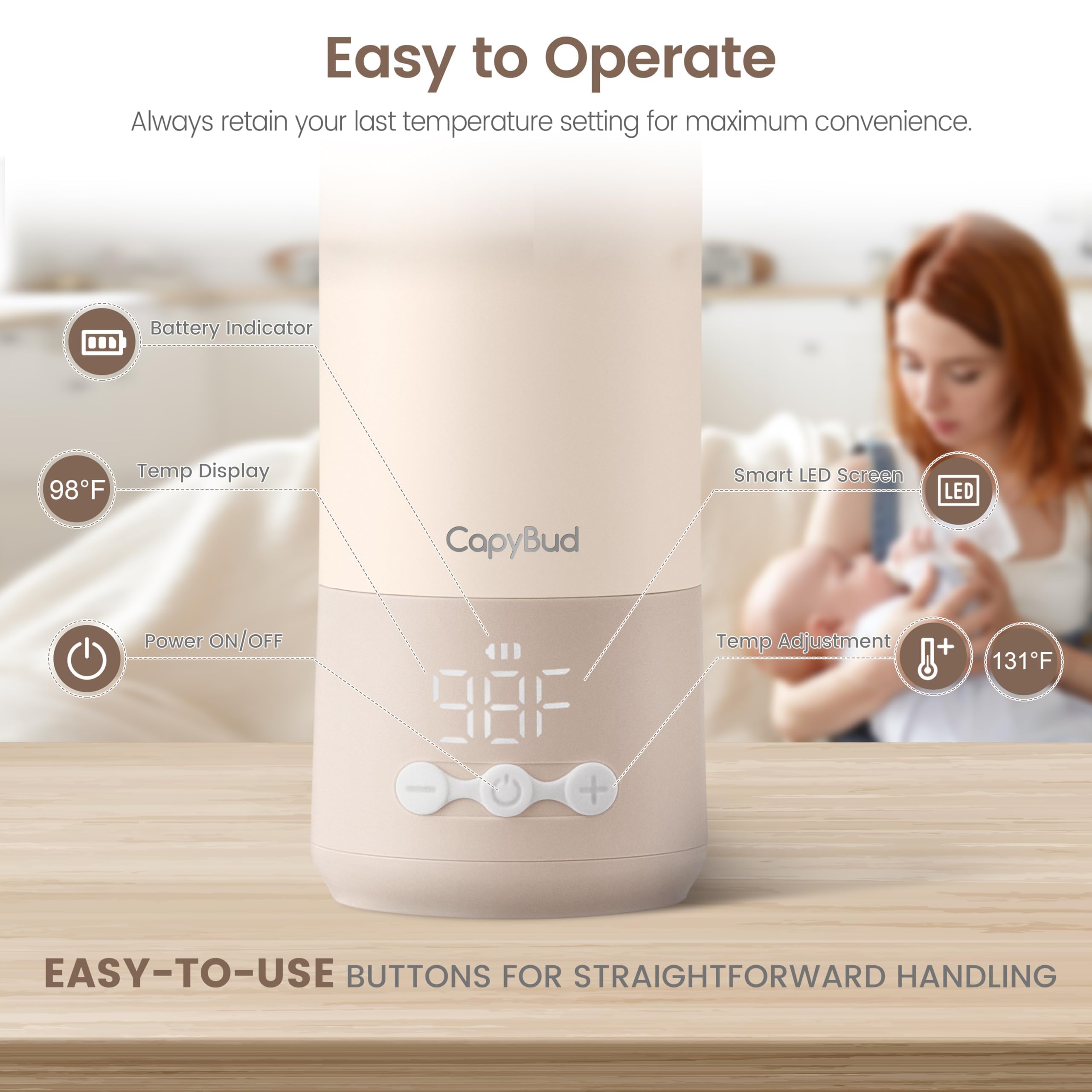 CapyBud LED display shows precise temperature for safe feeding.