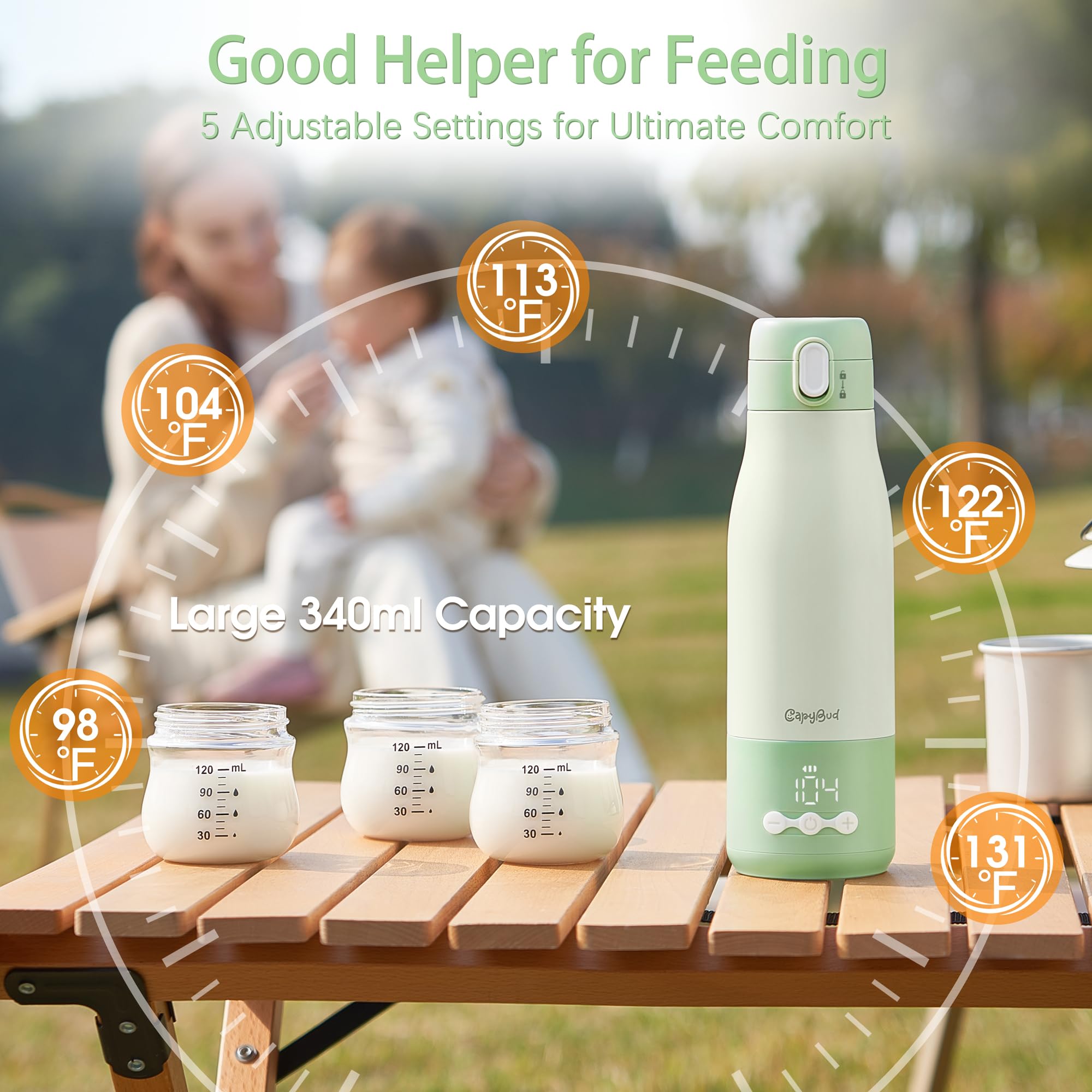 CapyBud 12oz capacity highlighted for on-the-go warming during outings.