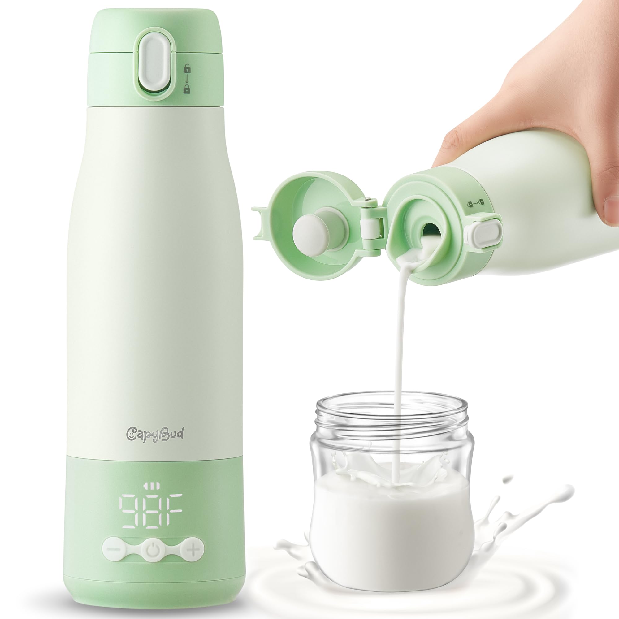CapyBud portable bottle warmer outer shell in stainless steel for safe, odor-free heating.