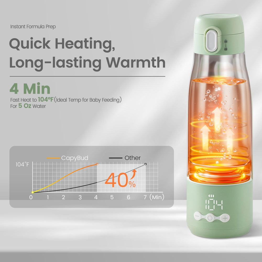CapyBud rapid-heat 3min demonstrates fast warming when baby is hungry.