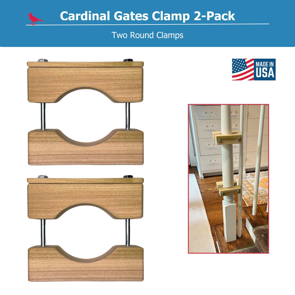 Cardinal Gates RC Round Clamp installation shows easy screw-free mounting for wood banisters.