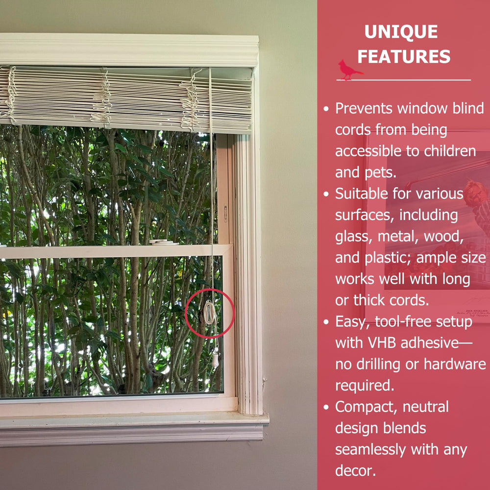 Cardinal Gates stick-on blind cord holder blends with decor with neutral design.