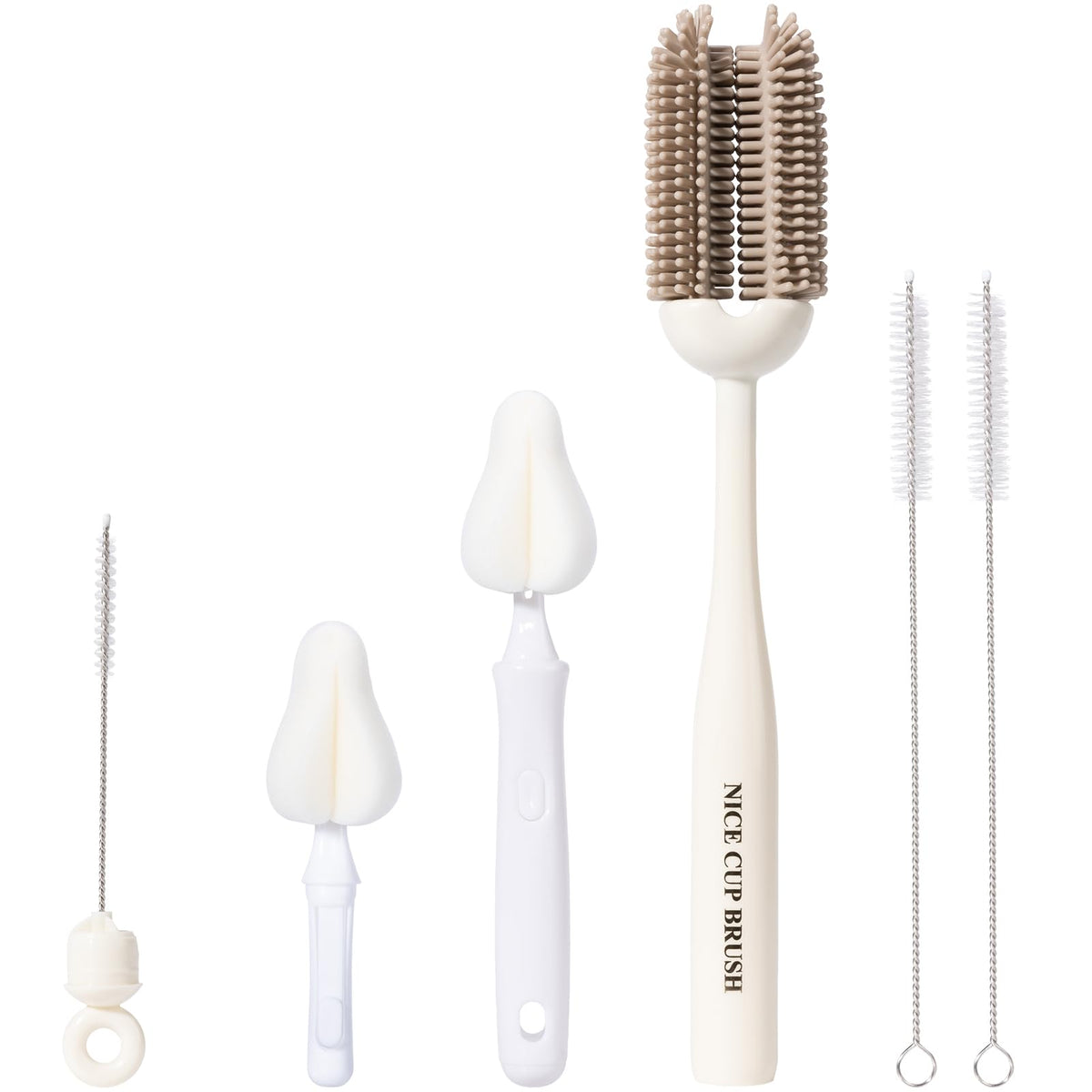 CAREBABYMORE 5-in-1 bottle brush kit assembled for thorough bottle cleaning and multi-piece versatility.