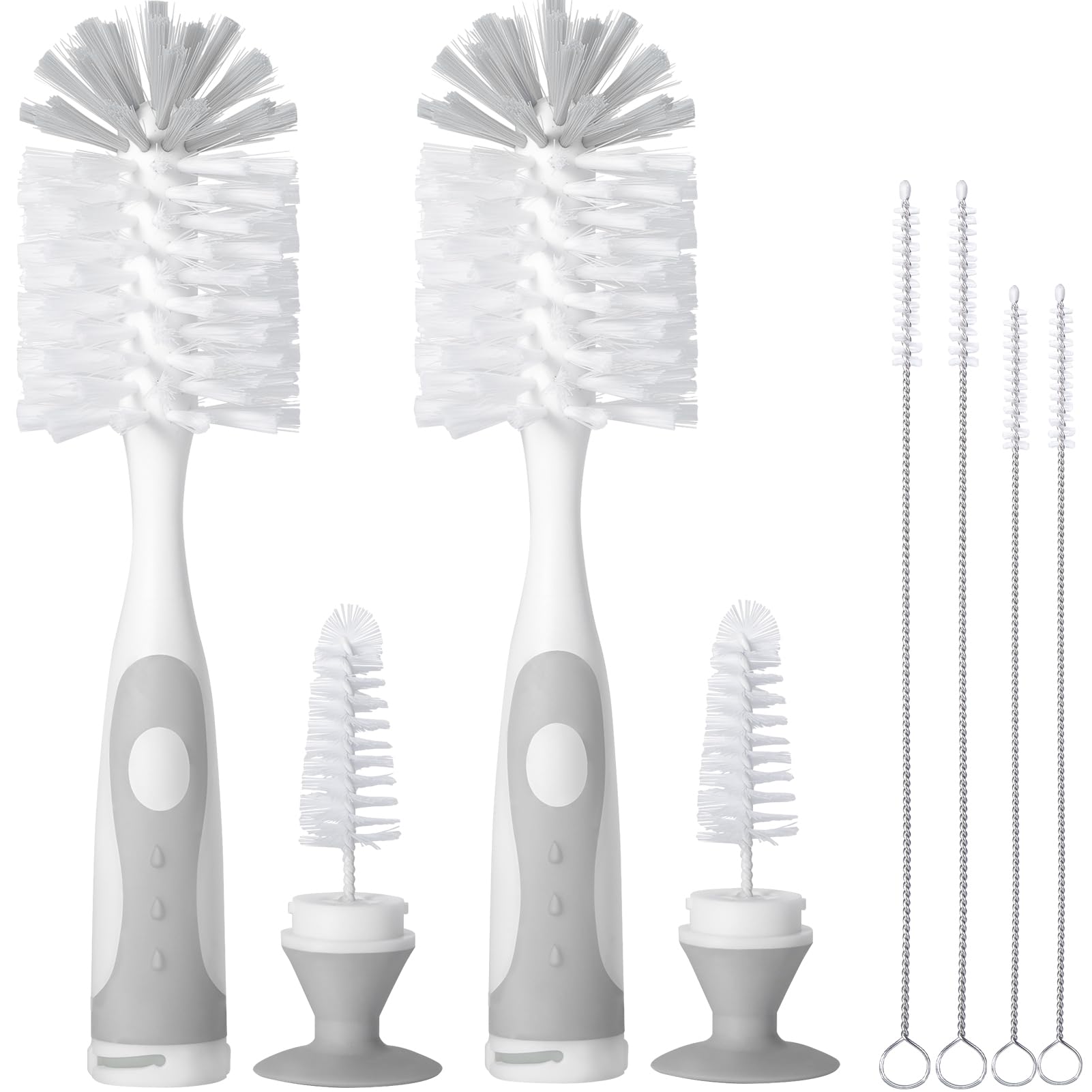 CAREBABYMORE bottle brush with stand in gray promotes easy bottle cleaning and nipple access.