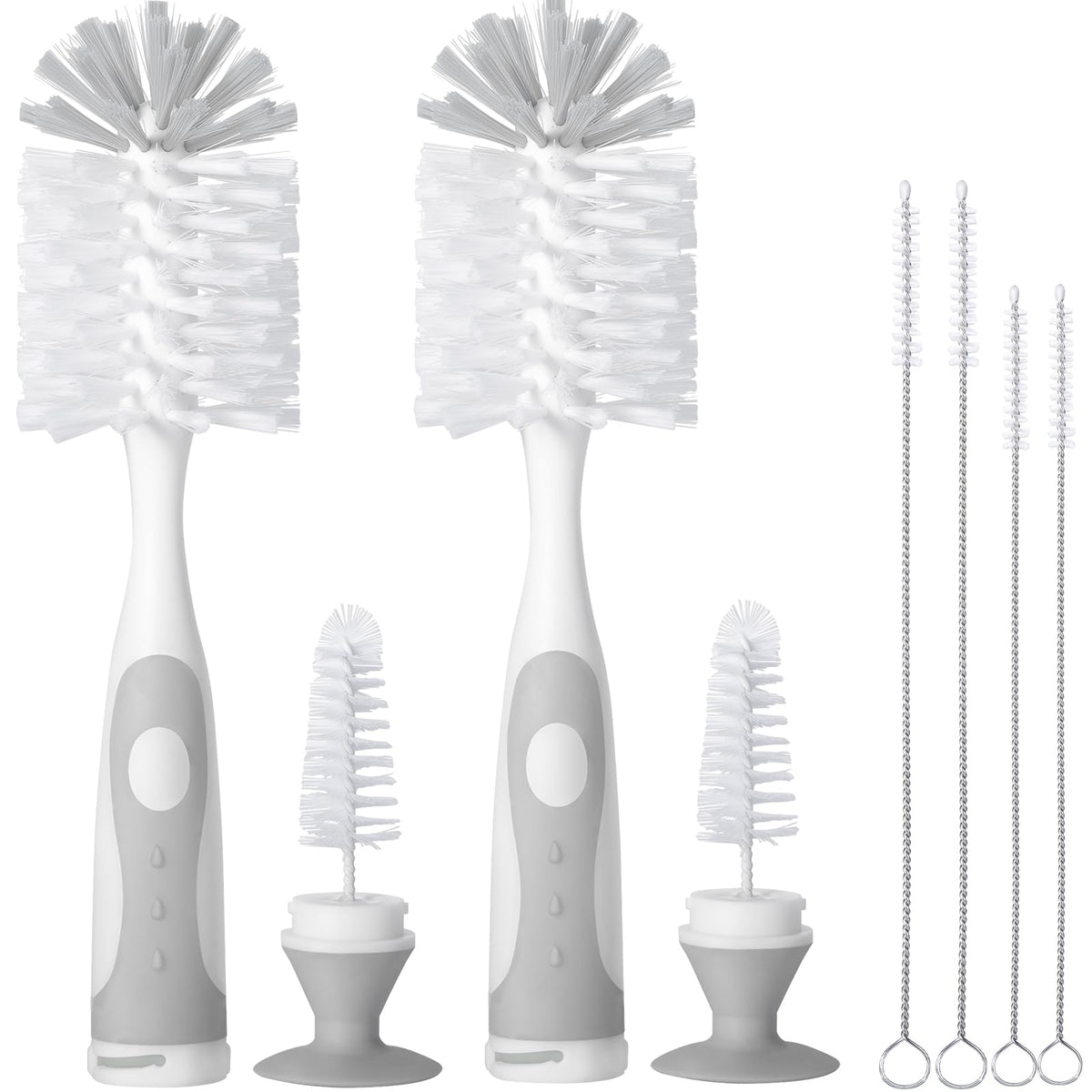 CAREBABYMORE bottle brush with stand in gray promotes easy bottle cleaning and nipple access.