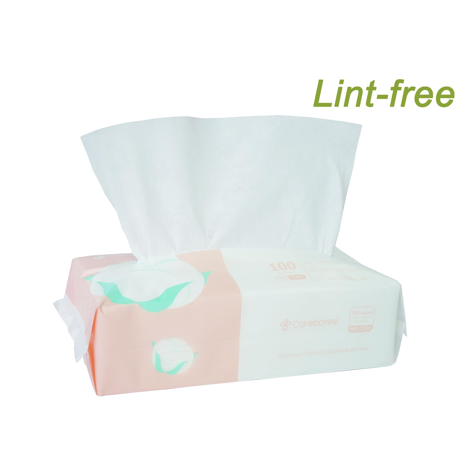 Close-up of Careboree wipes showing 100% cotton texture and lint-free surface.