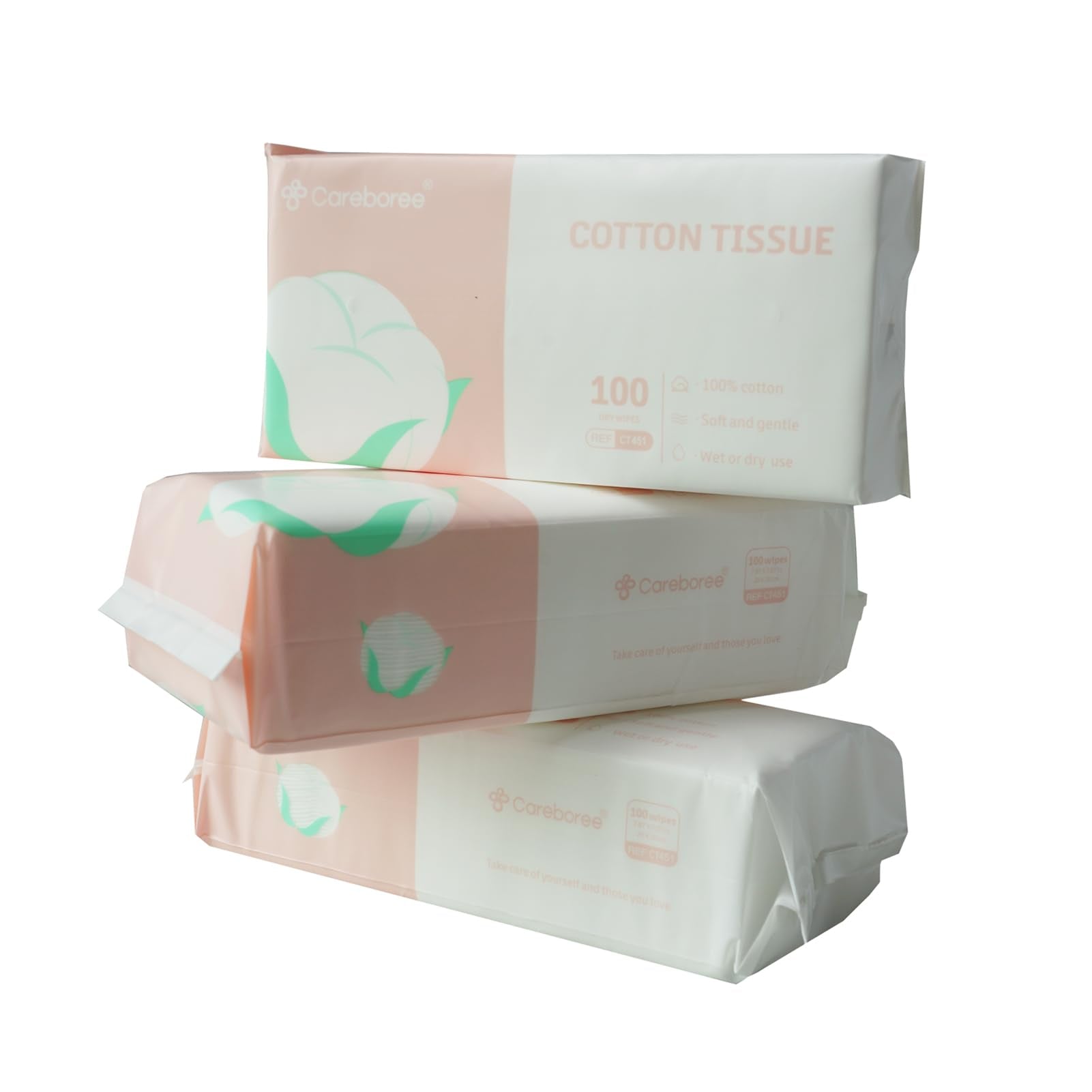 Careboree Ultra Soft Dry Baby Wipes front view 3-pack for on-the-go cleaning.