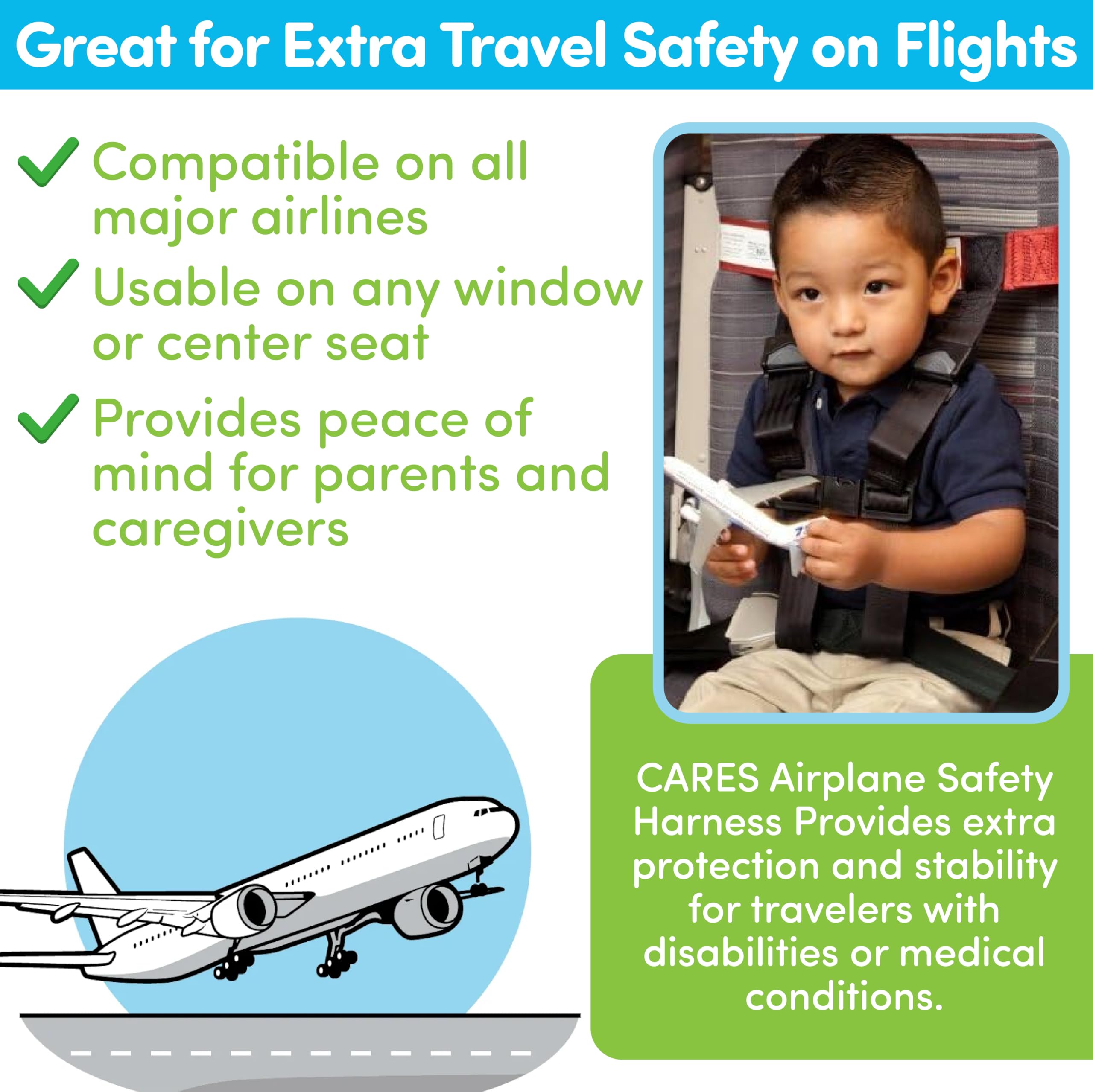 CARES harness attached to the back of a seat provides secure restraint during turbulence