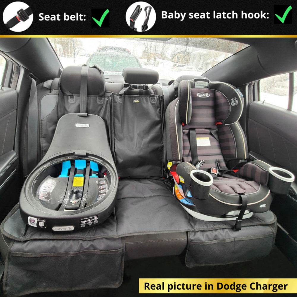 Caricar car seat protector four-pocket set keeps toys and snacks organized.