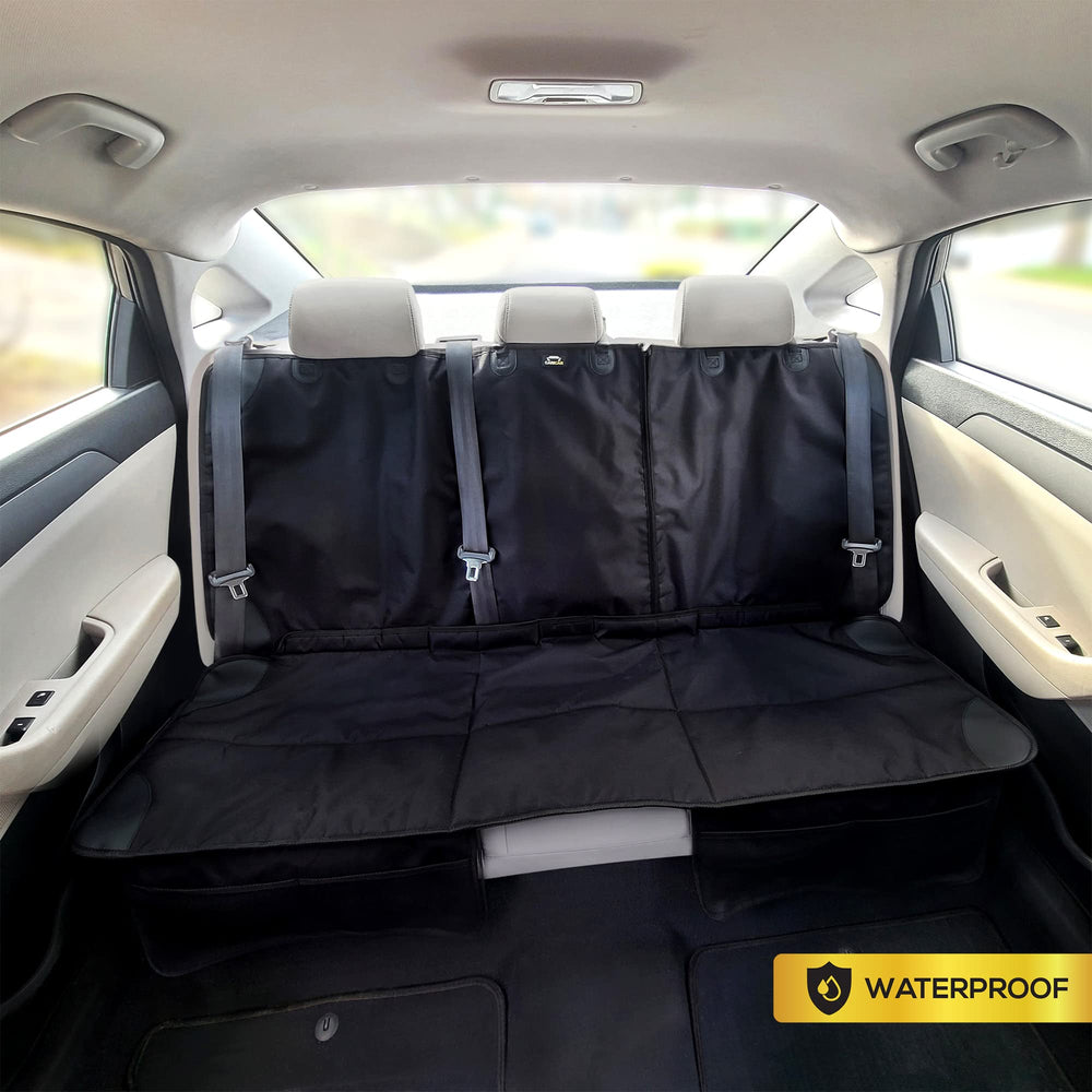 Caricar car seat protector middle-belt access shows buckle compatibility across most vehicles.