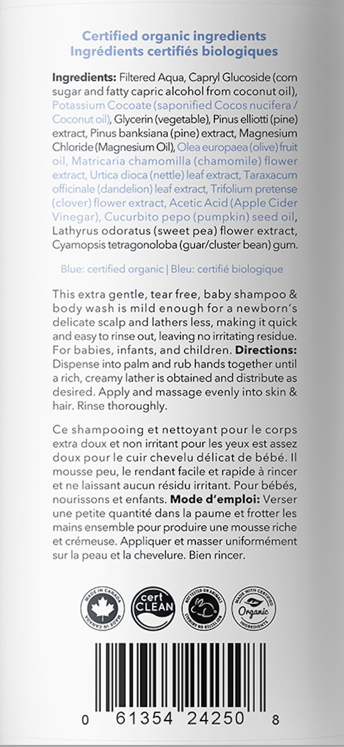 Carina Organics Baby Shampoo & Body Wash being poured, highlighting tear-free, skin-friendly cleansing.