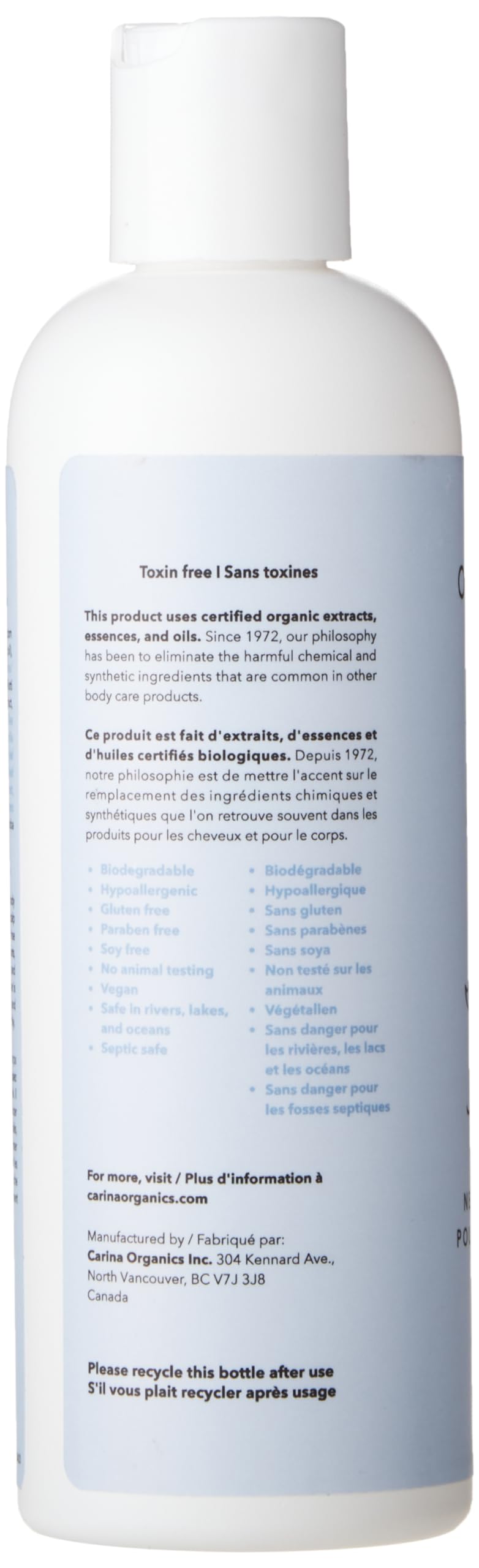 Carina Organics Unscented Baby Shampoo & Body Wash label emphasizes hypoallergenic, vegan formulation for sensitive baby skin