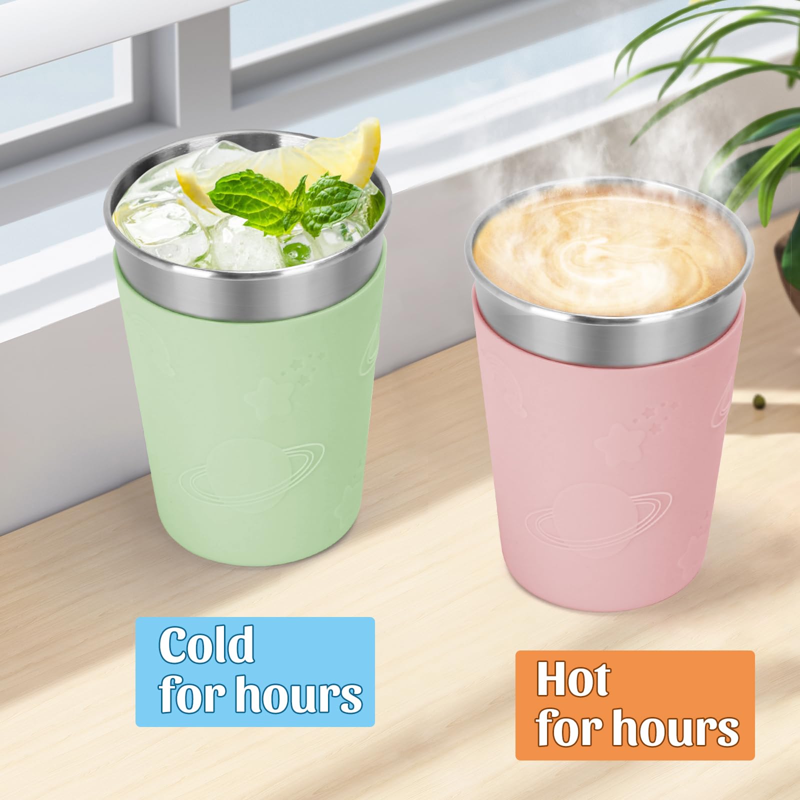 Carperipher kids cup with green rainbow sleeve ready for spill-free travel.
