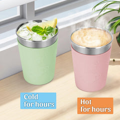 Carperipher kids cup with green rainbow sleeve ready for spill-free travel.