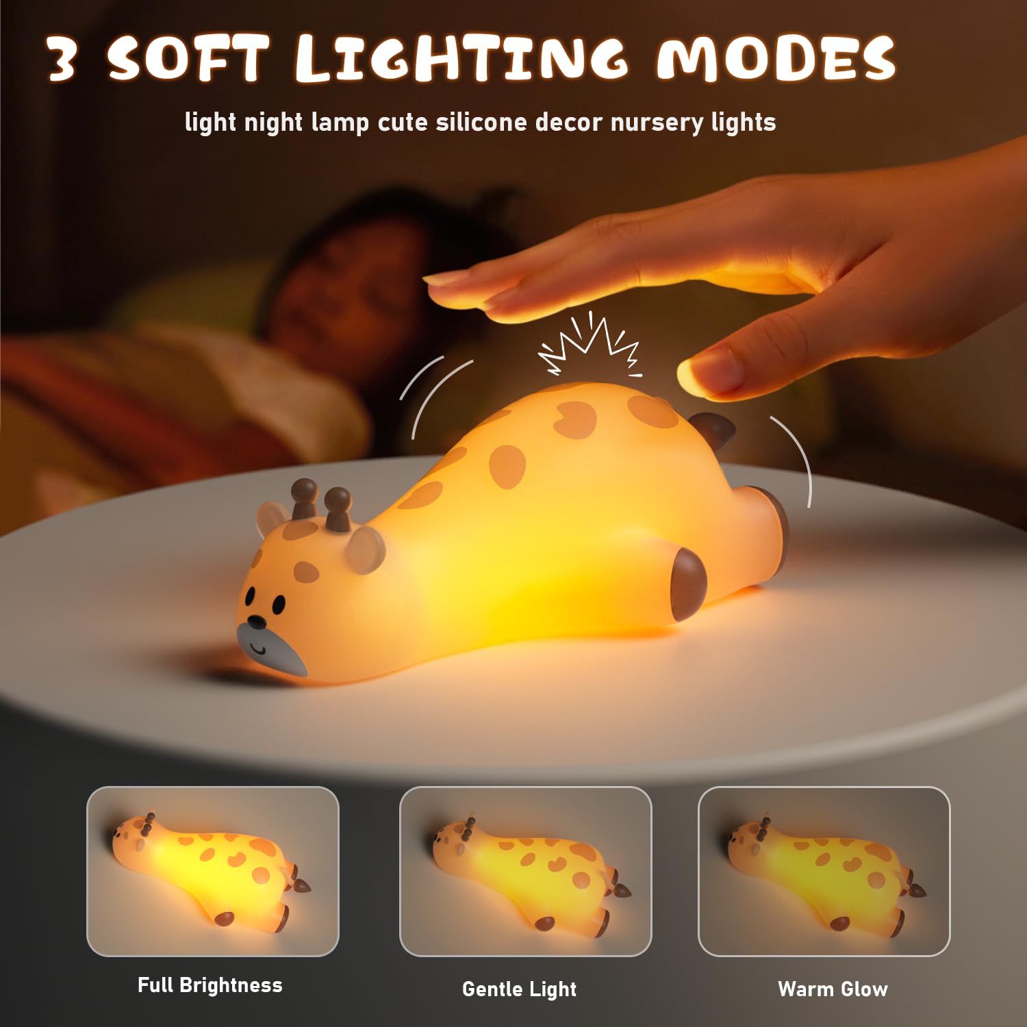 Carry360 giraffe night light with touch control for easy dimming.