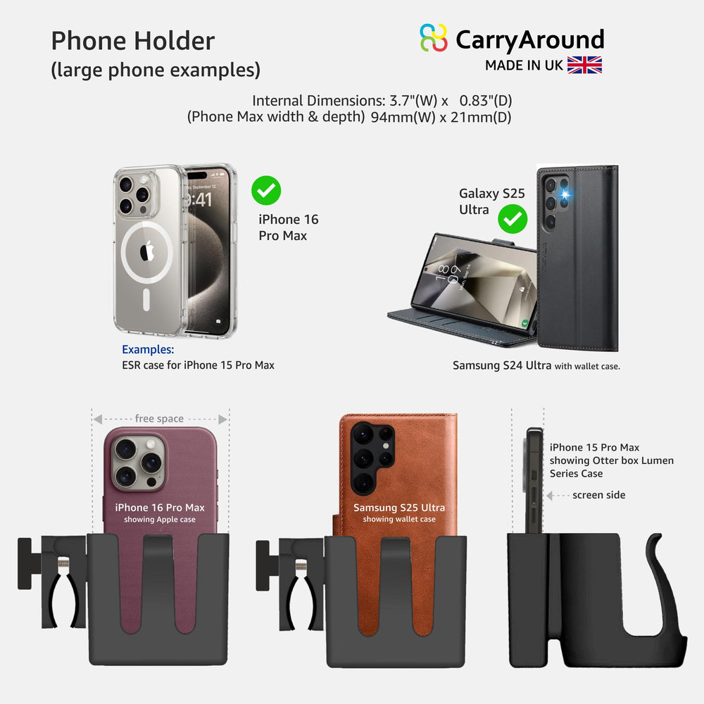 CarryAround universal compatibility clamp demonstrates wide fit range on bars.