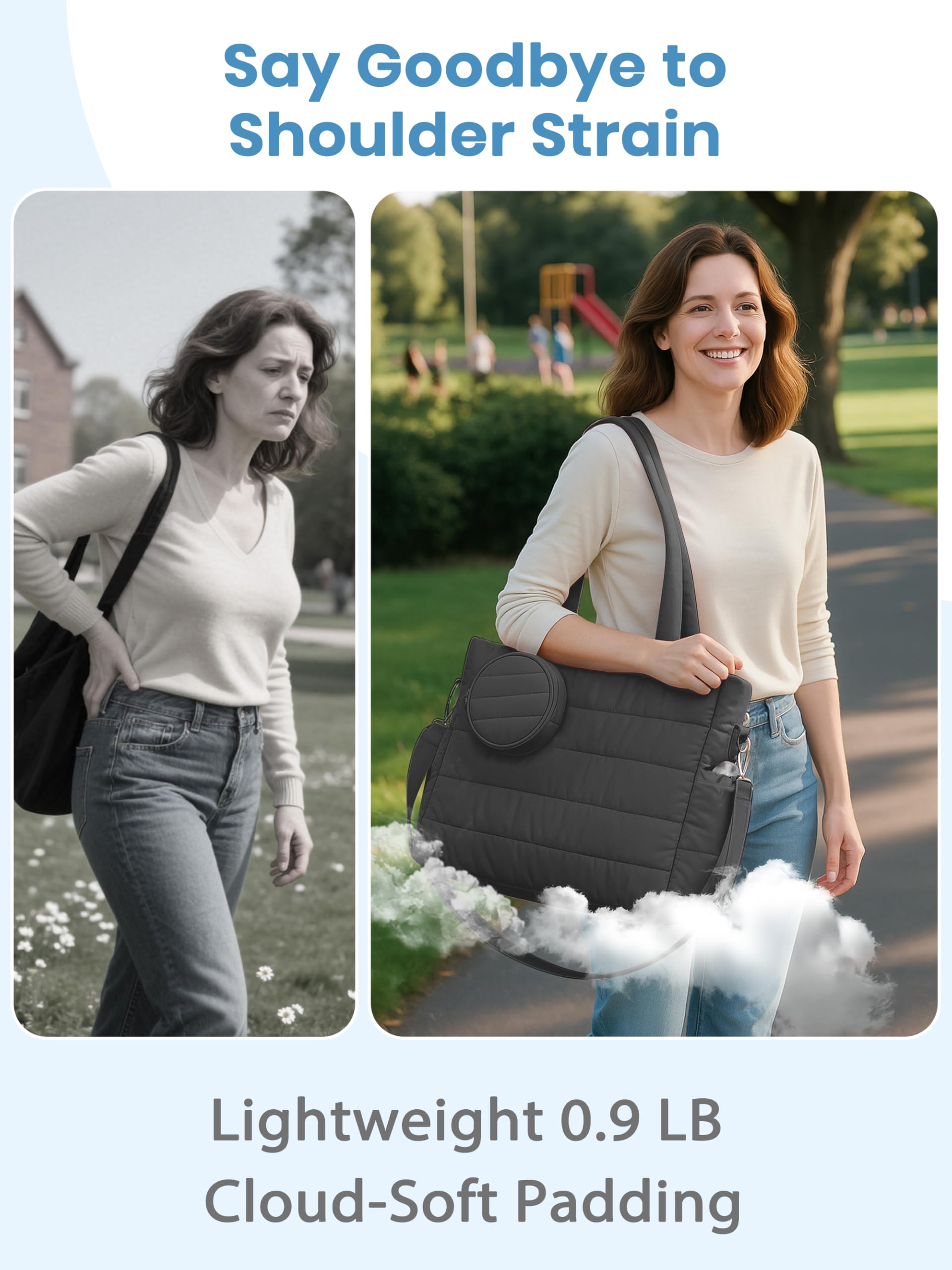 CarryWise mommy bag interior organization highlights eight pockets for diapers, wipes, and mom essentials.