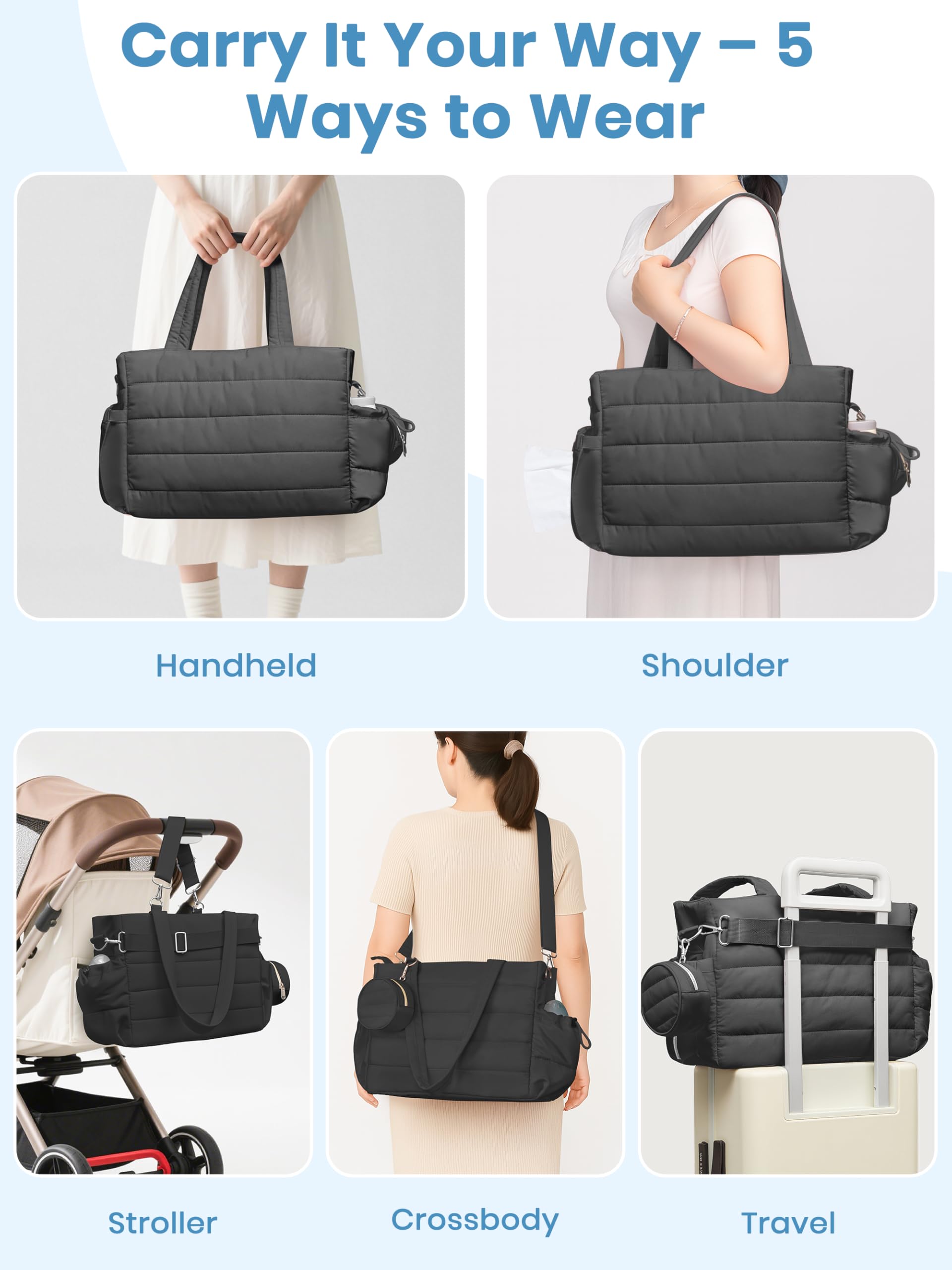 CarryWise multi-carry strap enables tote, crossbody, or shoulder carry for hands-free parenting.