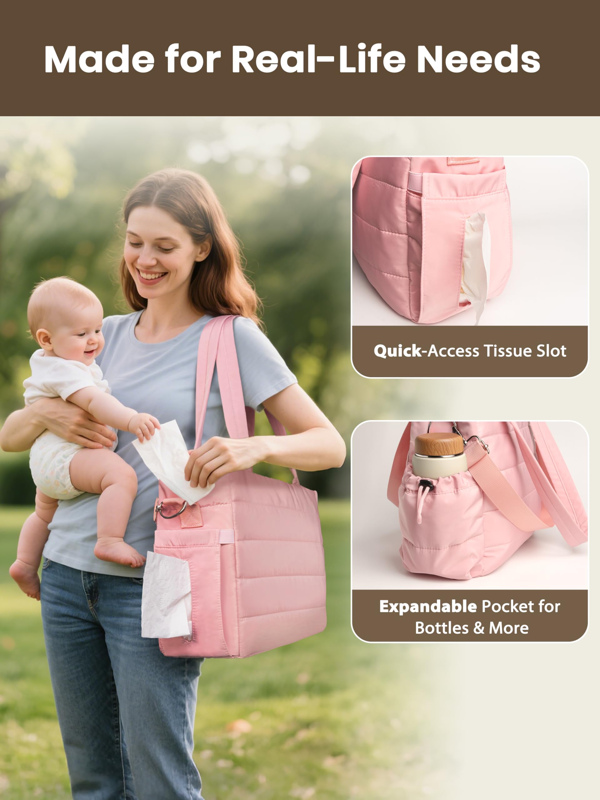 CarryWise quilted nylon exterior showcases stain-resistant style for everyday use.