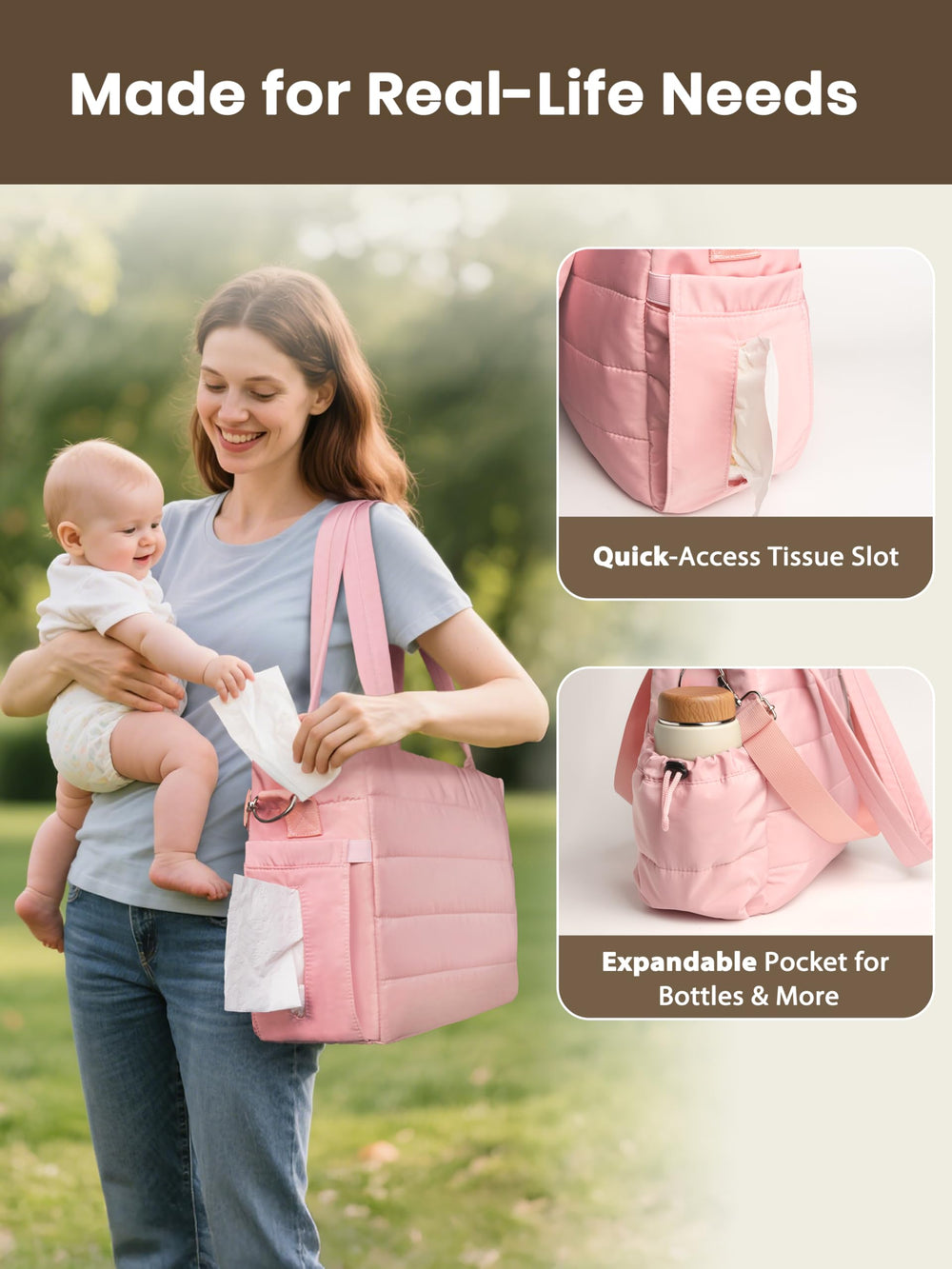 CarryWise quilted nylon exterior showcases stain-resistant style for everyday use.