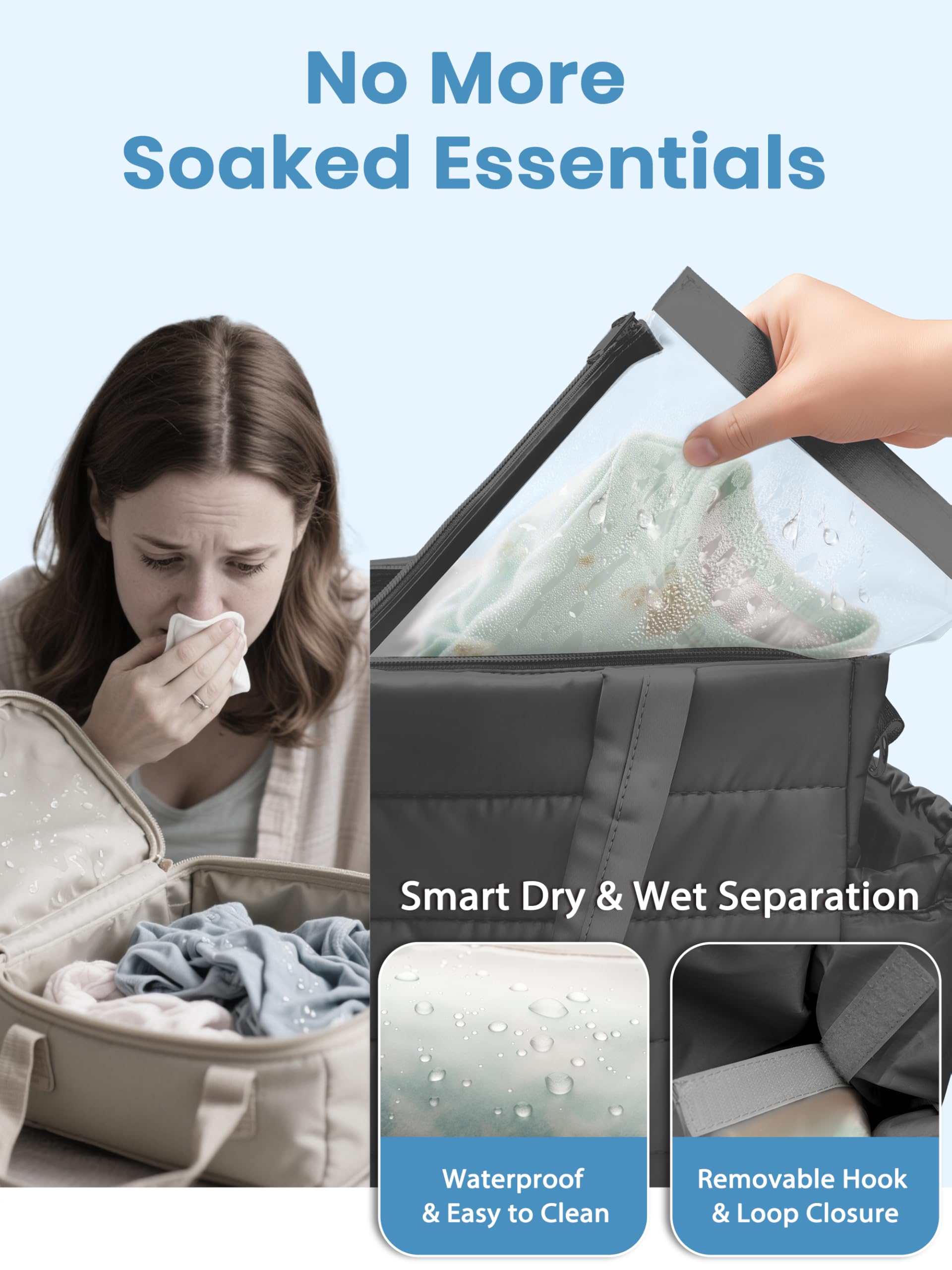 CarryWise wet-dry pouch inside tote keeps mess contained and washable for quick cleanups.