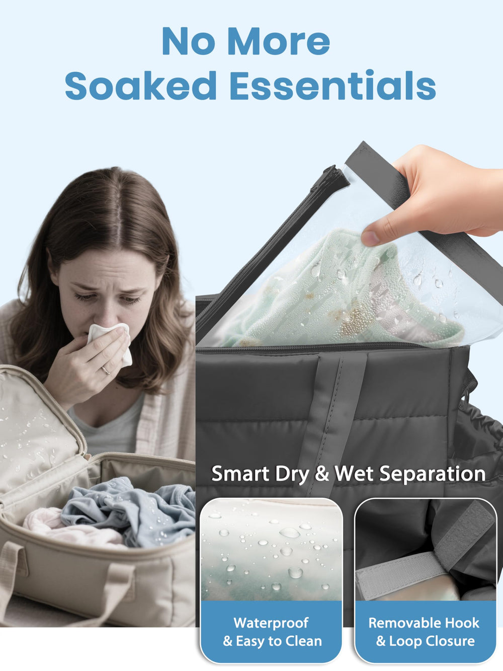 CarryWise wet-dry pouch inside tote keeps mess contained and washable for quick cleanups.