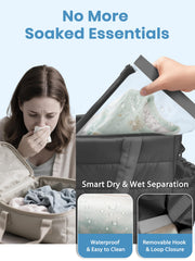 CarryWise wet-dry pouch inside tote keeps mess contained and washable for quick cleanups.
