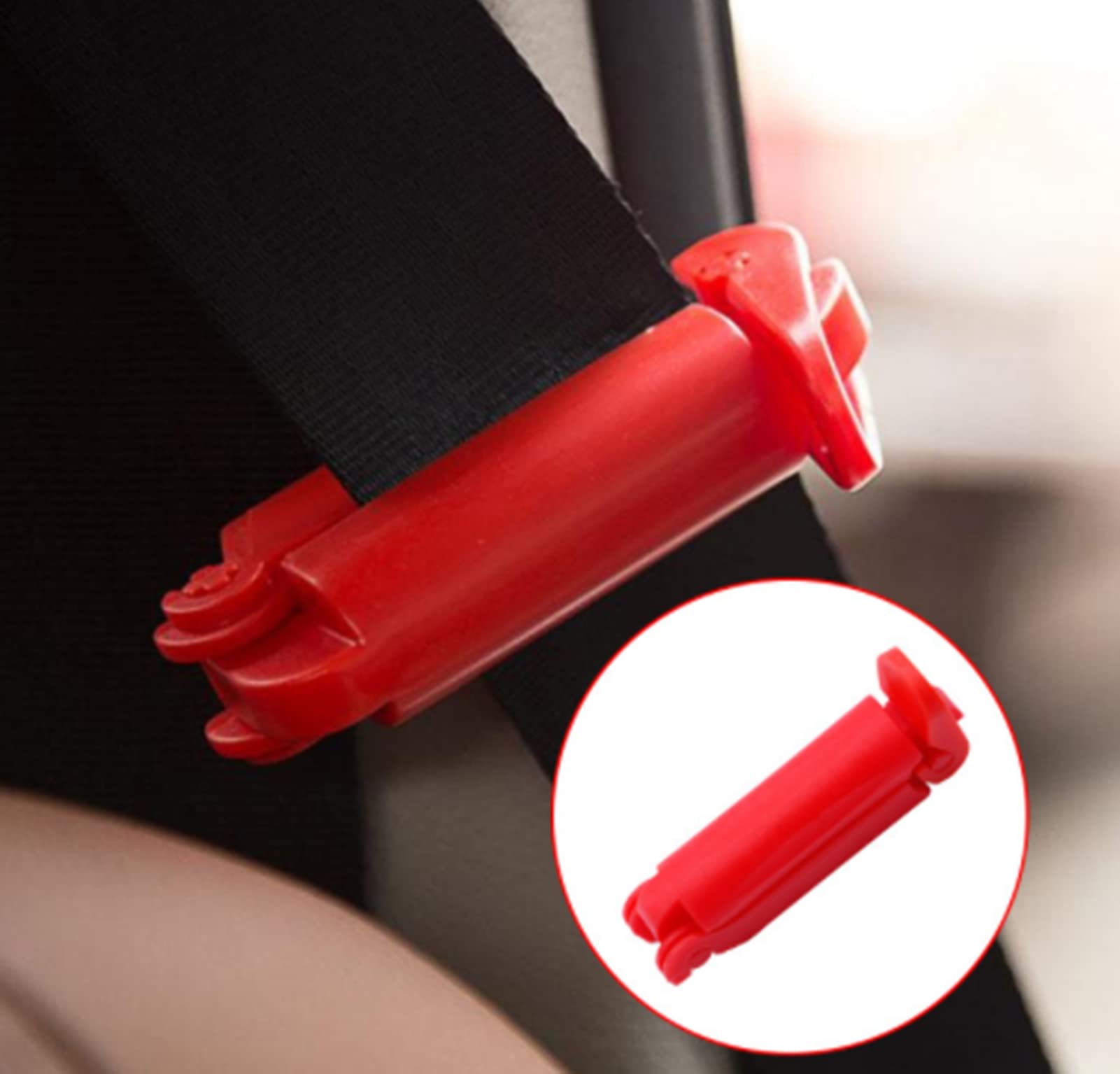 car seat belt clip red close-up shows durable plastic construction
