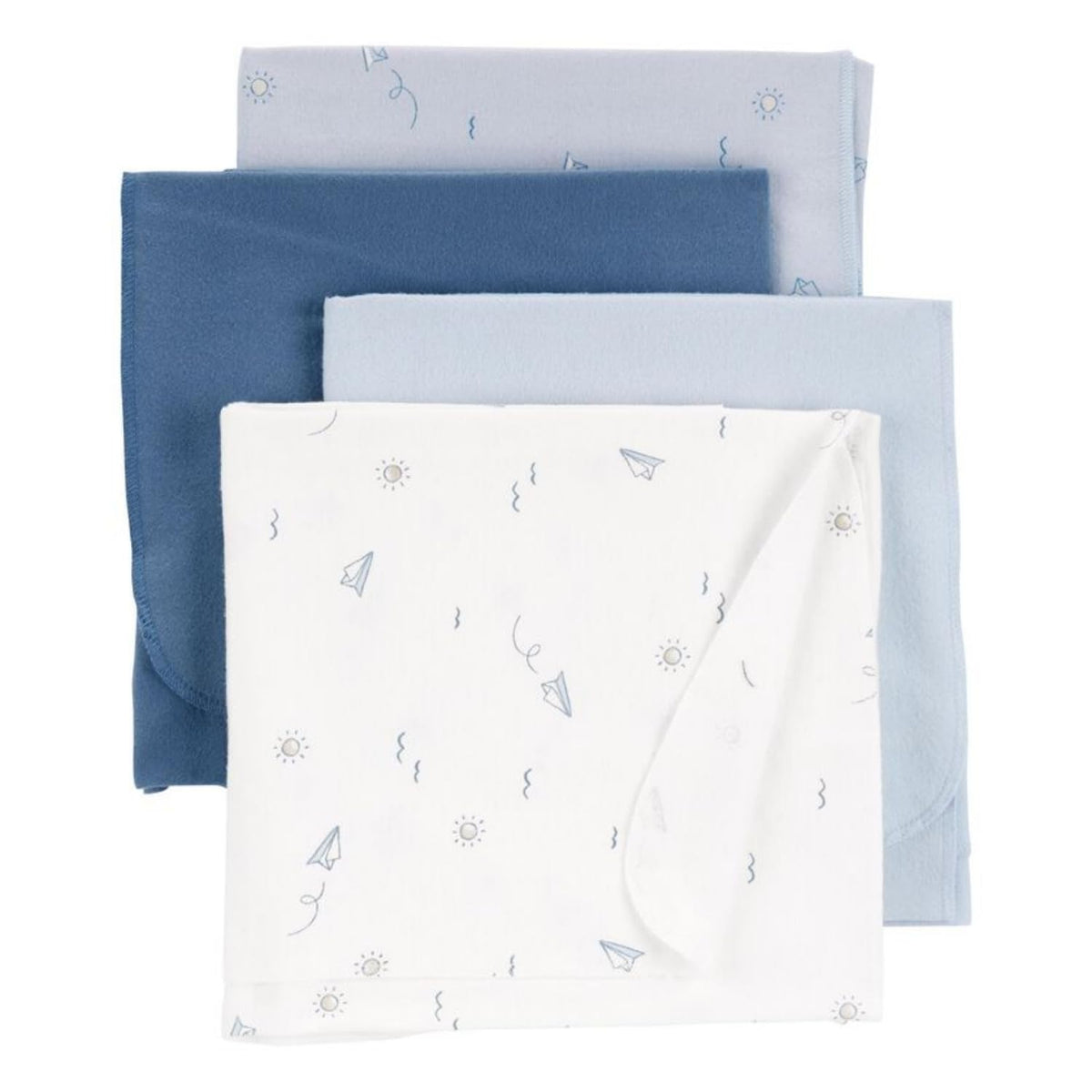 Carter's baby 4-pack blue receiving blankets folded, showcasing soft, breathable cotton for cozy swaddling.