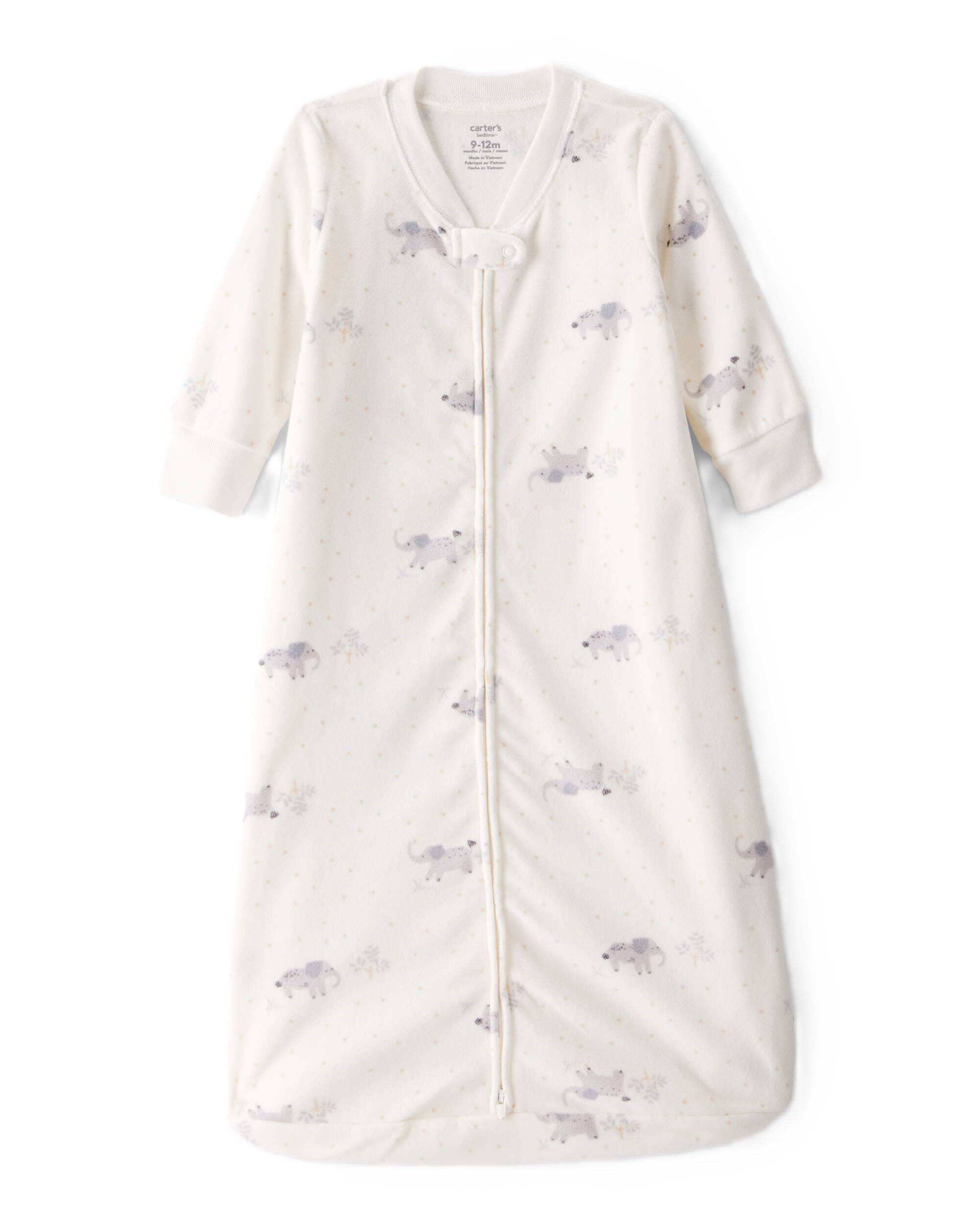 Carter's sleep bag front view showing cozy elephant print and secure fit for restful nights.