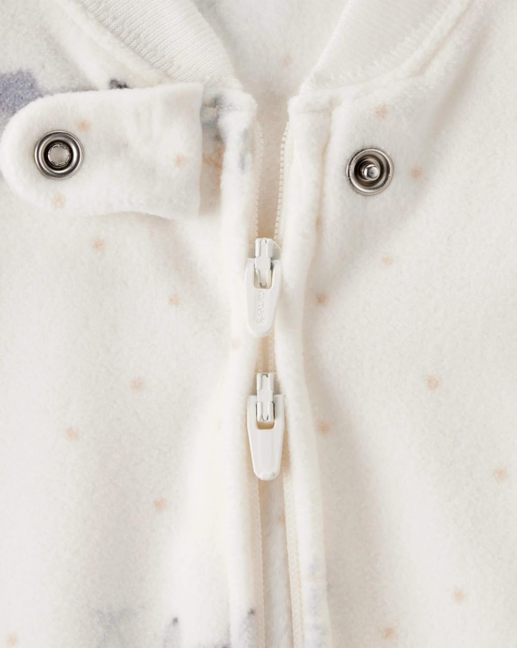 Carter's sleep bag white elephant demonstrates quick night-time changes with front zip.