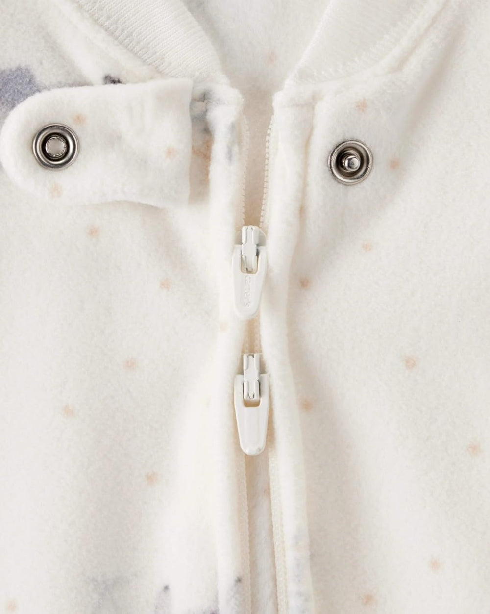 Carter's sleep bag white elephant demonstrates quick night-time changes with front zip.