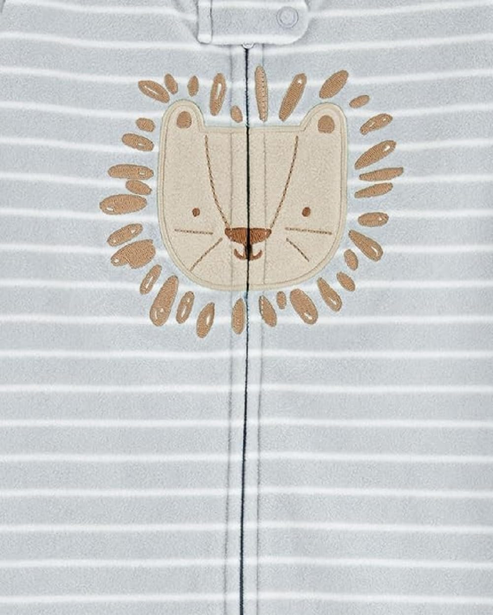 Carter's blue lion sleep bag zipper detail shows chin safety and smooth zipping.