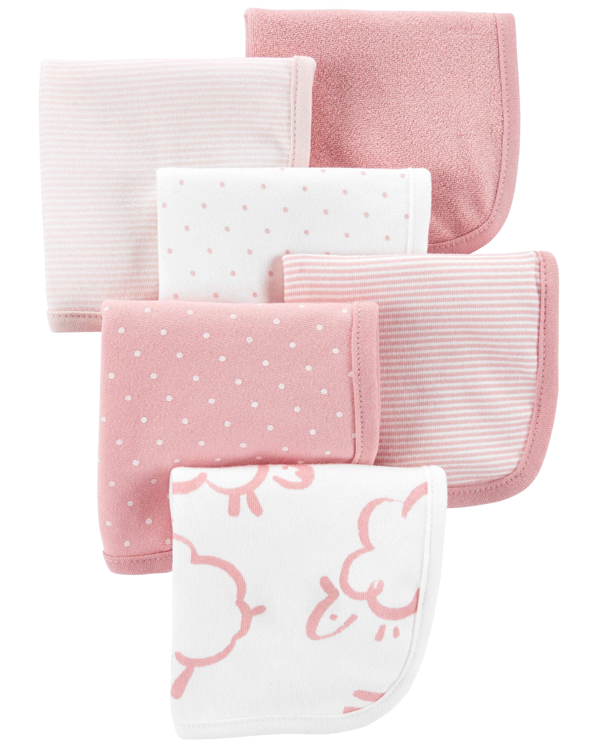 Carter's pink washcloths 6-pack folded neatly for gentle face cleansing and daily routines.