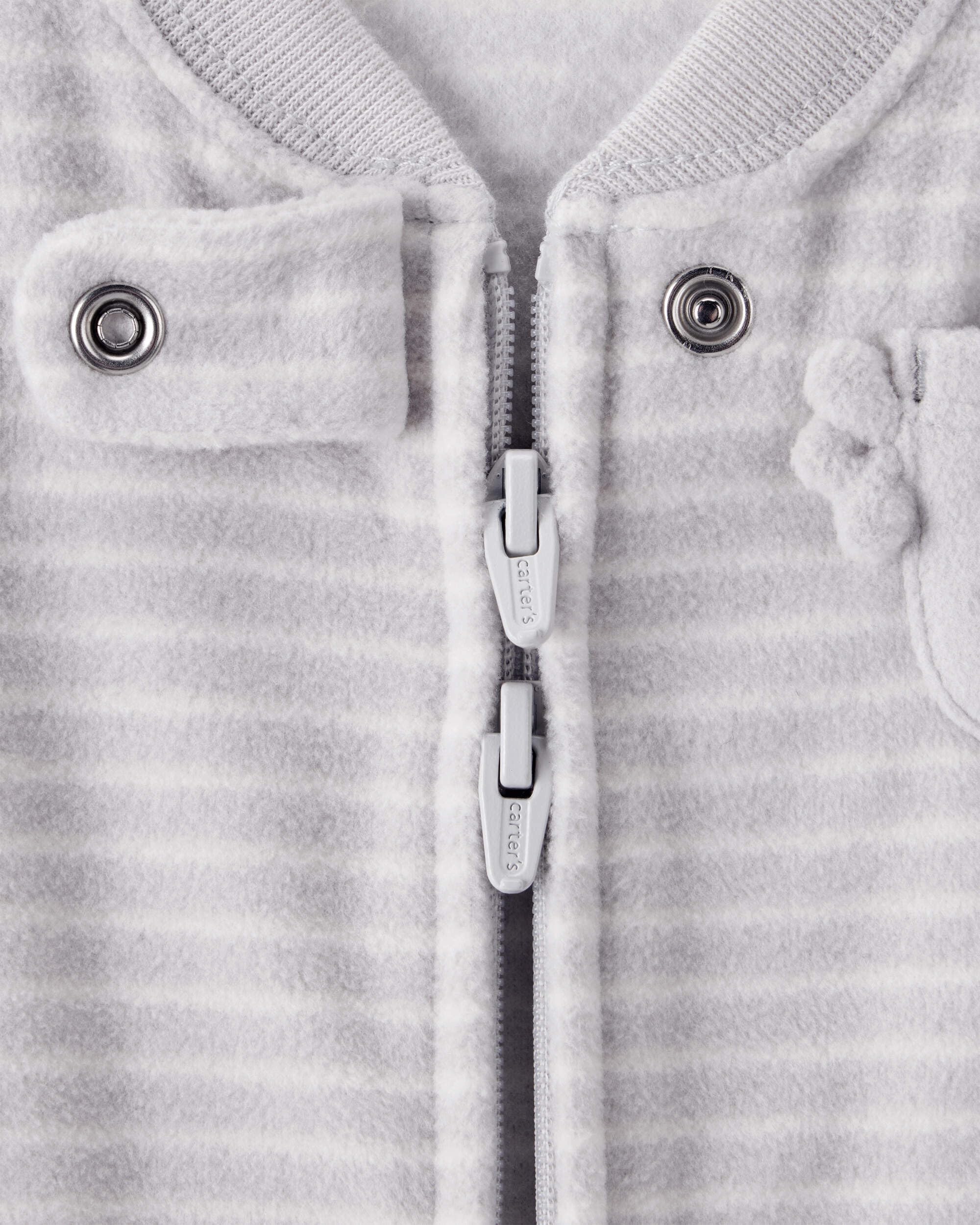 Carter's sleep bag grey koala back view illustrates gentle, breathable fleece and snug fit.