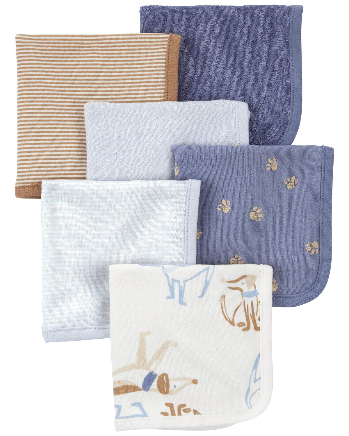 Carter's washcloths blue and ivory 6-pack, soft, absorbent for baby's bath time.
