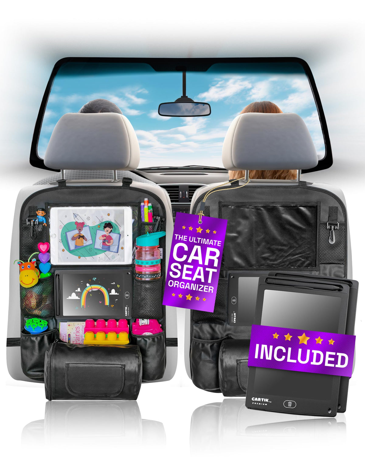 Cartik backseat organizer pockets close-up showing organized compartments for travel