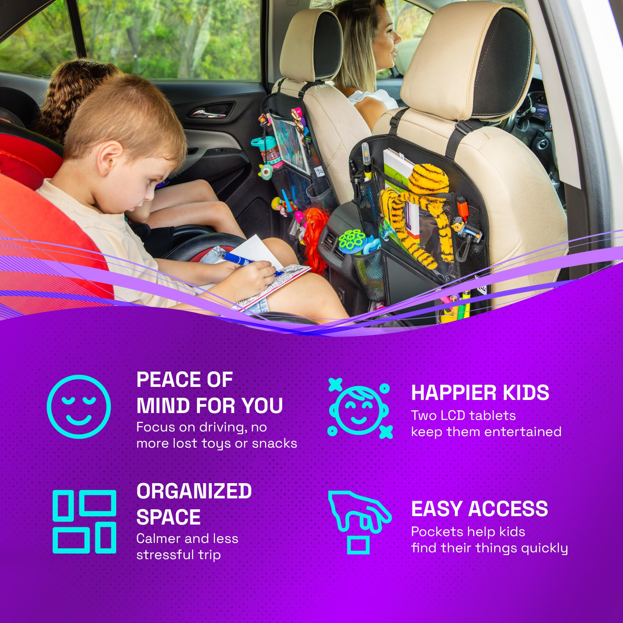 Cartik LCD drawing tablet for kids on the backseat during long trips
