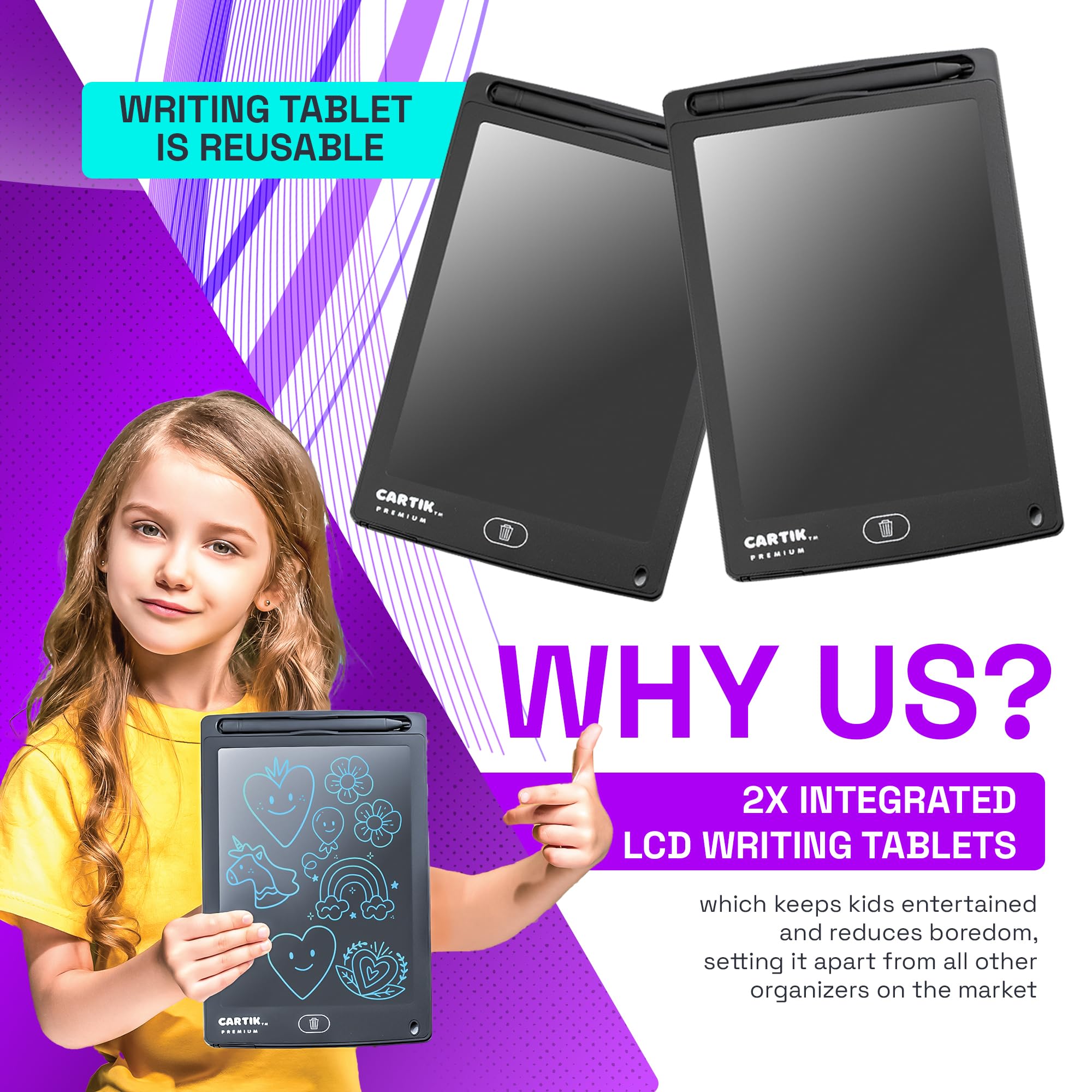 Cartik drawing tablet mounted on seat providing doodling space for kids
