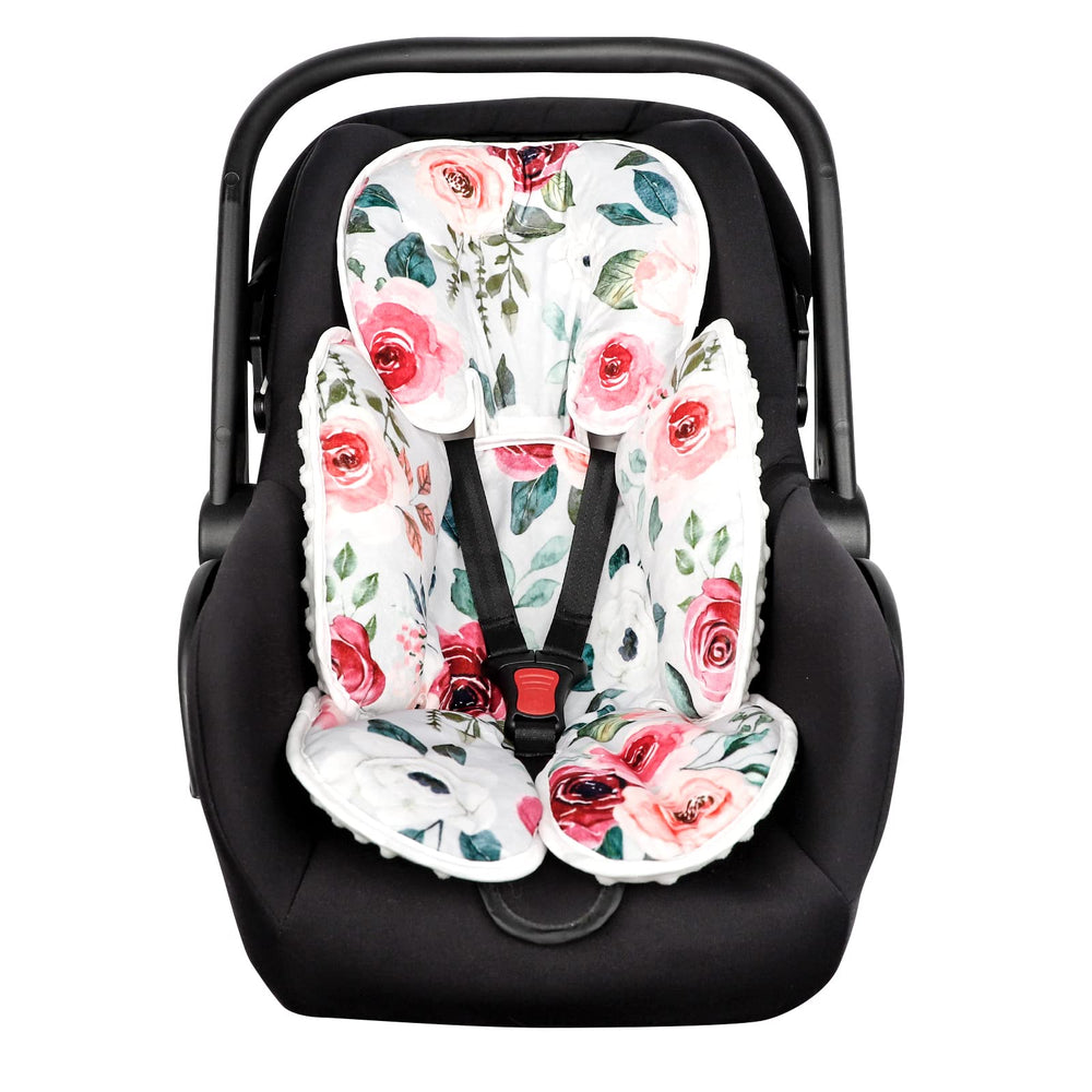 CARUILI 2-in-1 infant car seat insert rose flower provides cozy travel support.
