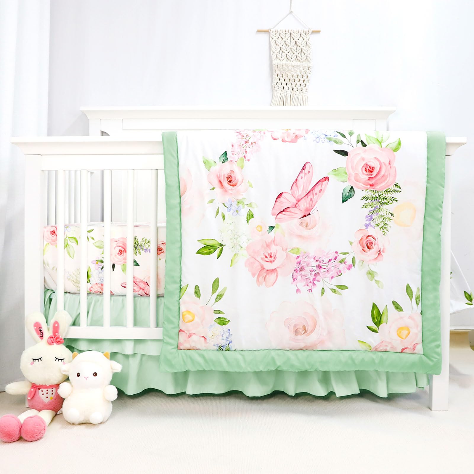 CARUILI 4-piece crib bedding set comforter showcases butterfly floral print for a soothing nursery.
