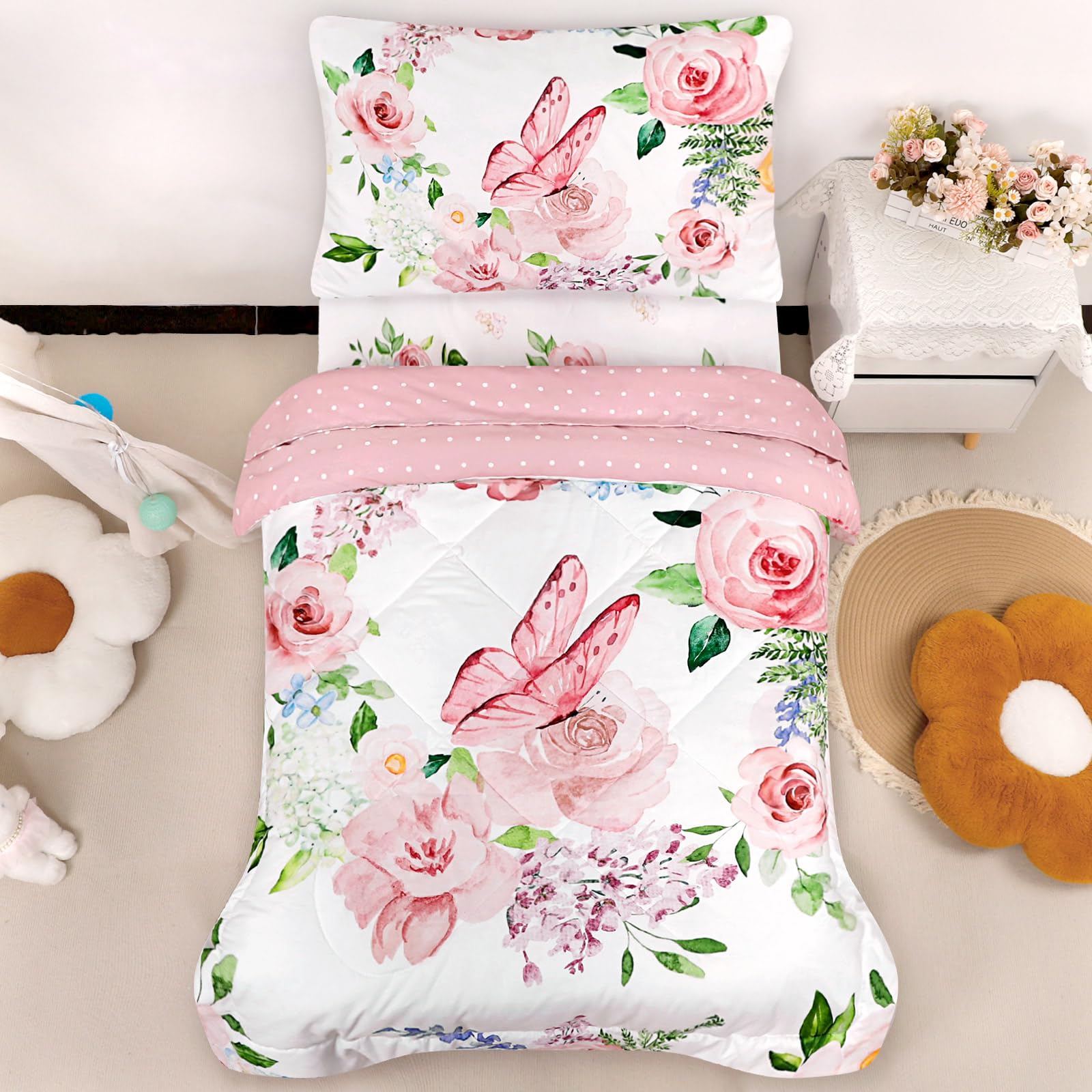 CARUILI butterfly pink floral comforter shows cozy toddler bedtime vibe.