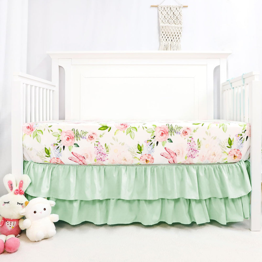 CARUILI 12.8-inch deep ruffled skirt conceals under-crib storage for a tidy space.