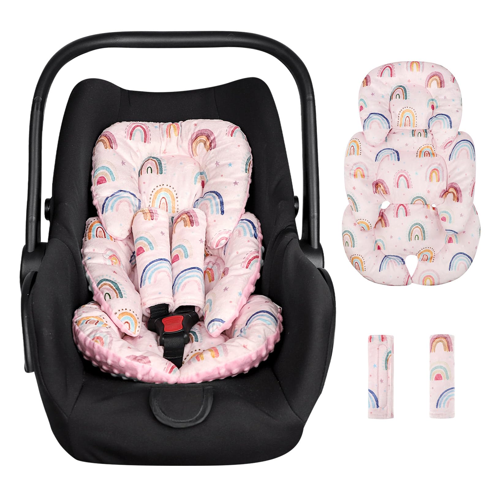 CARUILI infant car seat insert pink rainbow offers gentle head support for comfy rides.